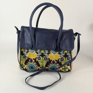 Sam Edelman Sylvia Purse Handbag Navy Blue Rare Embroidered Beads Leather Jute